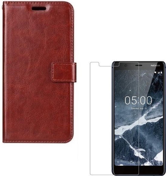 hoesje Geschikt voor: Nokia 5.1 Portemonnee bruin met 2 stuks Glas Screen protector