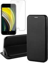 Hoesje geschikt voor iPhone SE 2022 / 2020 / 8 / 7 - Book Case Slim Wallet Zwart - Screenprotector Glas Screen Protector
