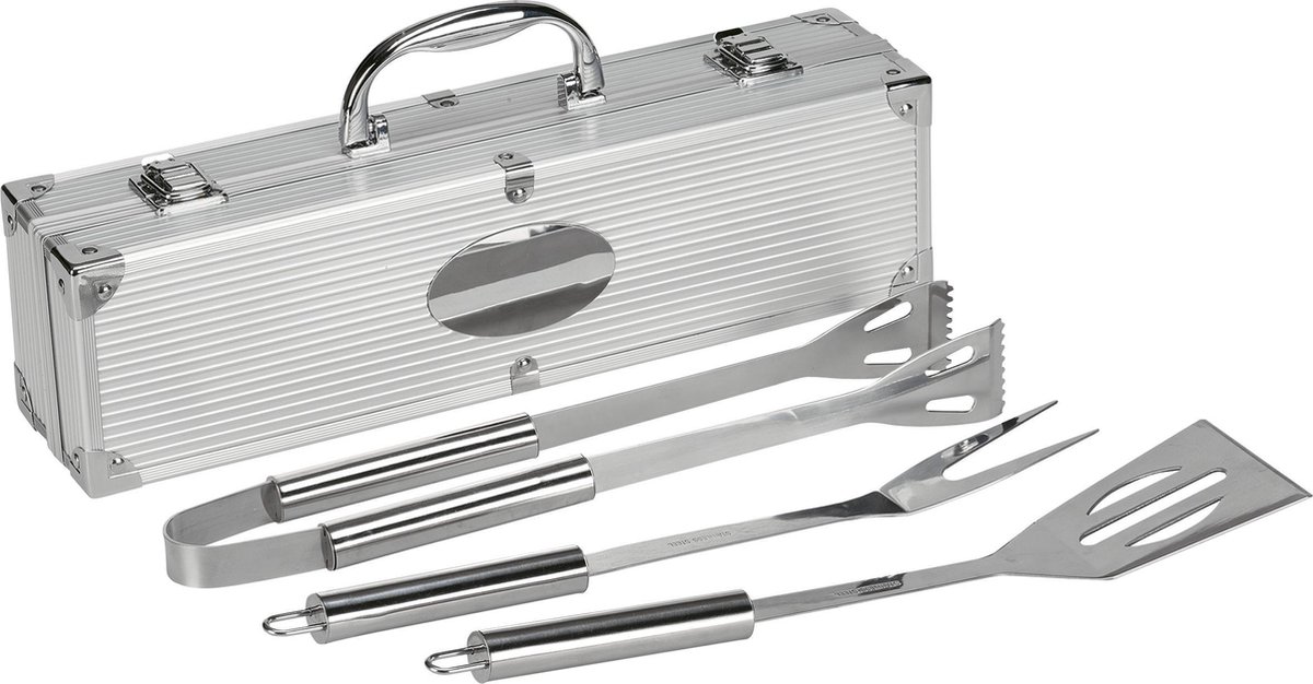 Luxe 3-Delige Stalen Barbecueset - BBQ Tools - Inclusief Aluminium Koffer