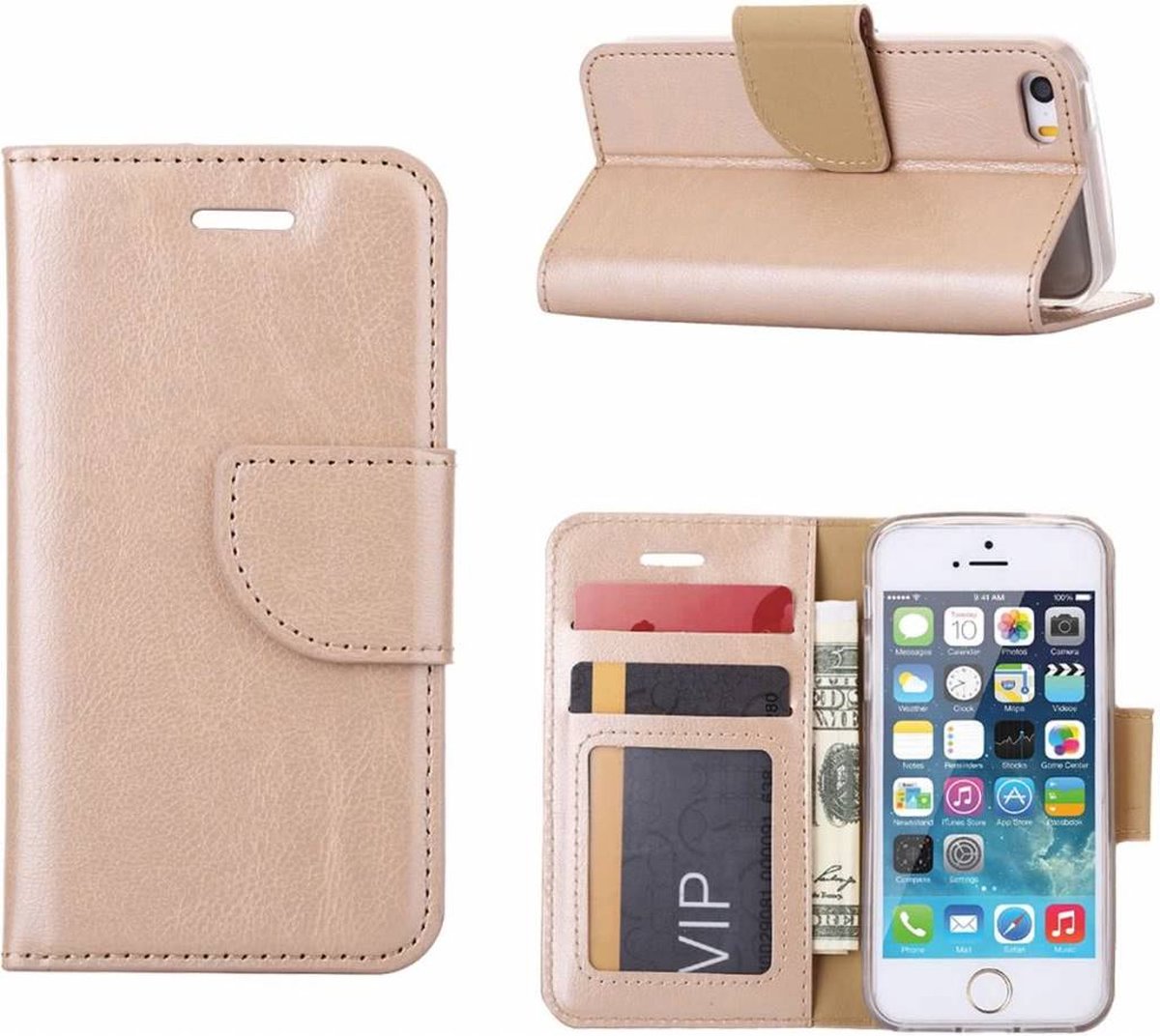 Samsung Galaxy A5 2016 Portemonnee Pasjes hoesje met stand Champagne Goud
