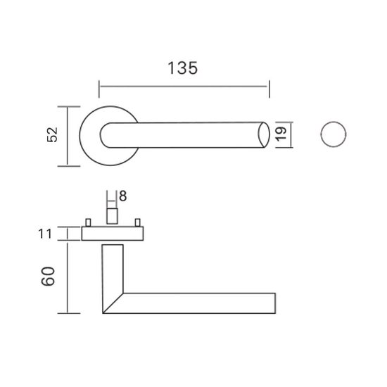 Technische tekening met afmetingen van een deurklink.