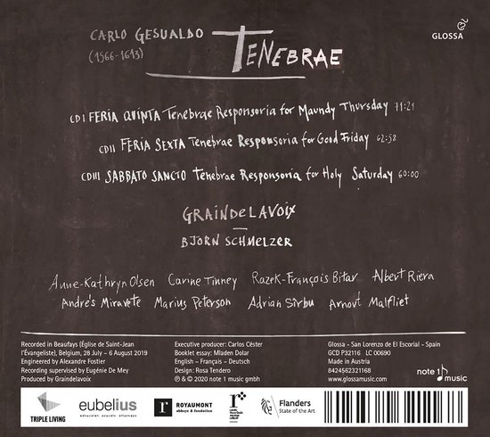Achterkant van een CD-hoes met de titel Tenebrae, componist Carlo Gesualdo, uitgevoerd door Graindelavoix en Björn Schmelzer.