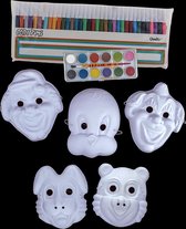 10 witte kindermaskers thema dieren om te schilderen/kleuren + palet waterverf 12 kleuren met penseel + 36 viltstiften - knutselen met kinderen