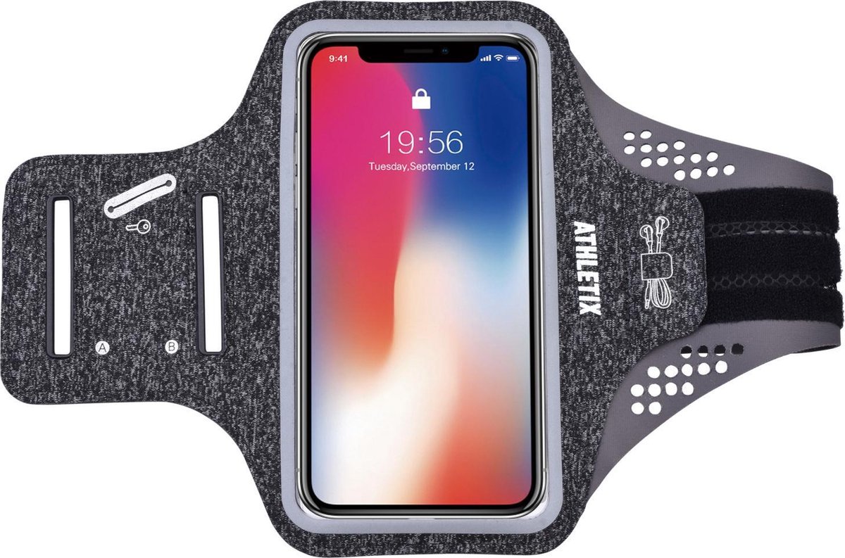 Premium Sportarmband - Universele Hardloop Armband - iPhone, Samsung & Huawei - Smartphonehouder - Reflecterend, Spatwaterdicht, Sleutelhouder, Verstelbaar - Lycra - Grijze Sportarmband - ATHLETIX