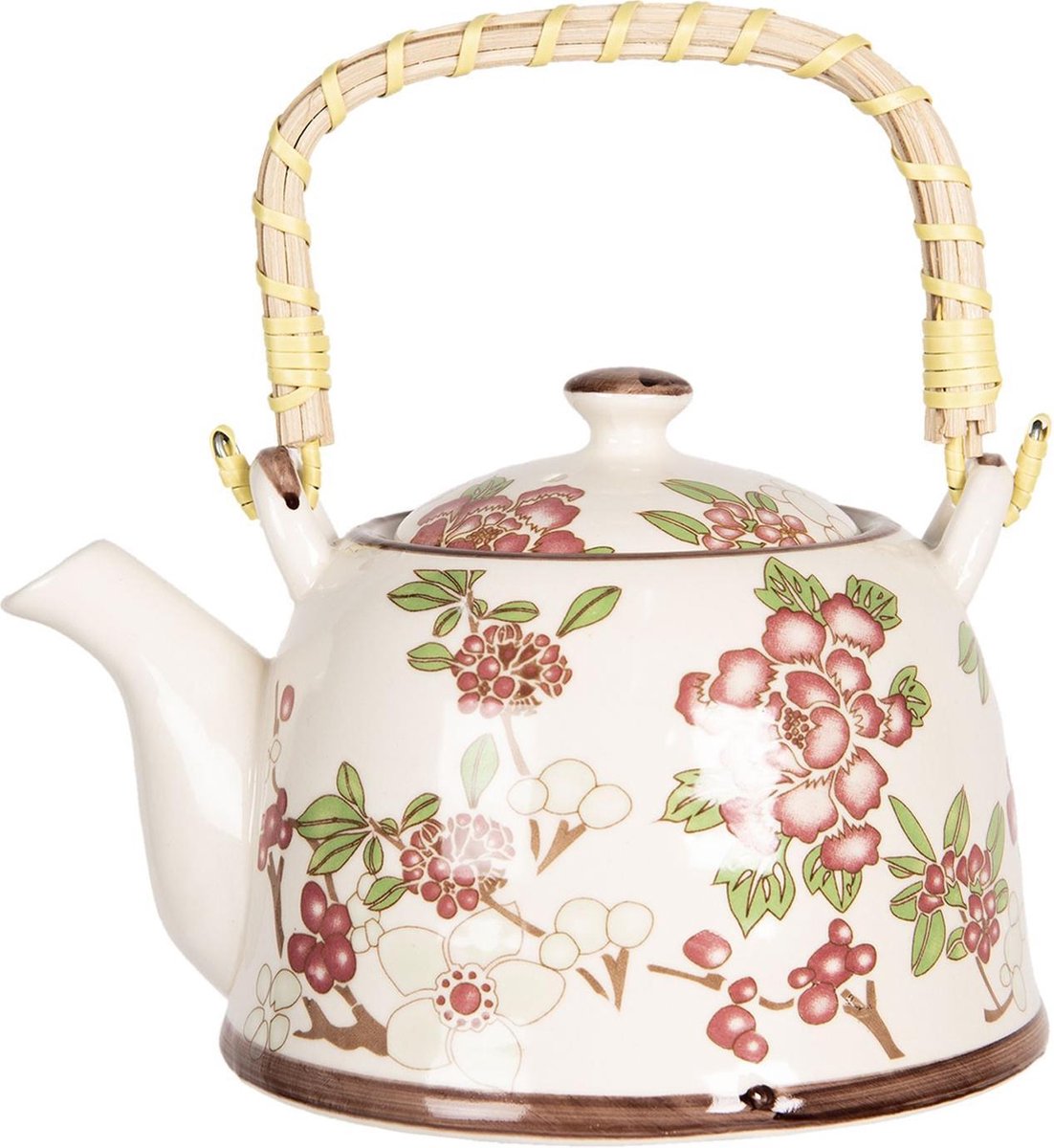Clayre & Eef Theepot met Filter 800 ml Beige Roze Porselein Rond Bloemen Theekan