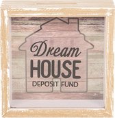 Clayre & Eef Spaarpot 15*5*15 cm Bruin Hout Vierkant Dream House Leuke Spaarpot Spaarvarken