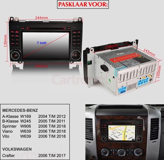 Afmetingen en compatibiliteit van de Cartronix autoradio voor Mercedes en Volkswagen.