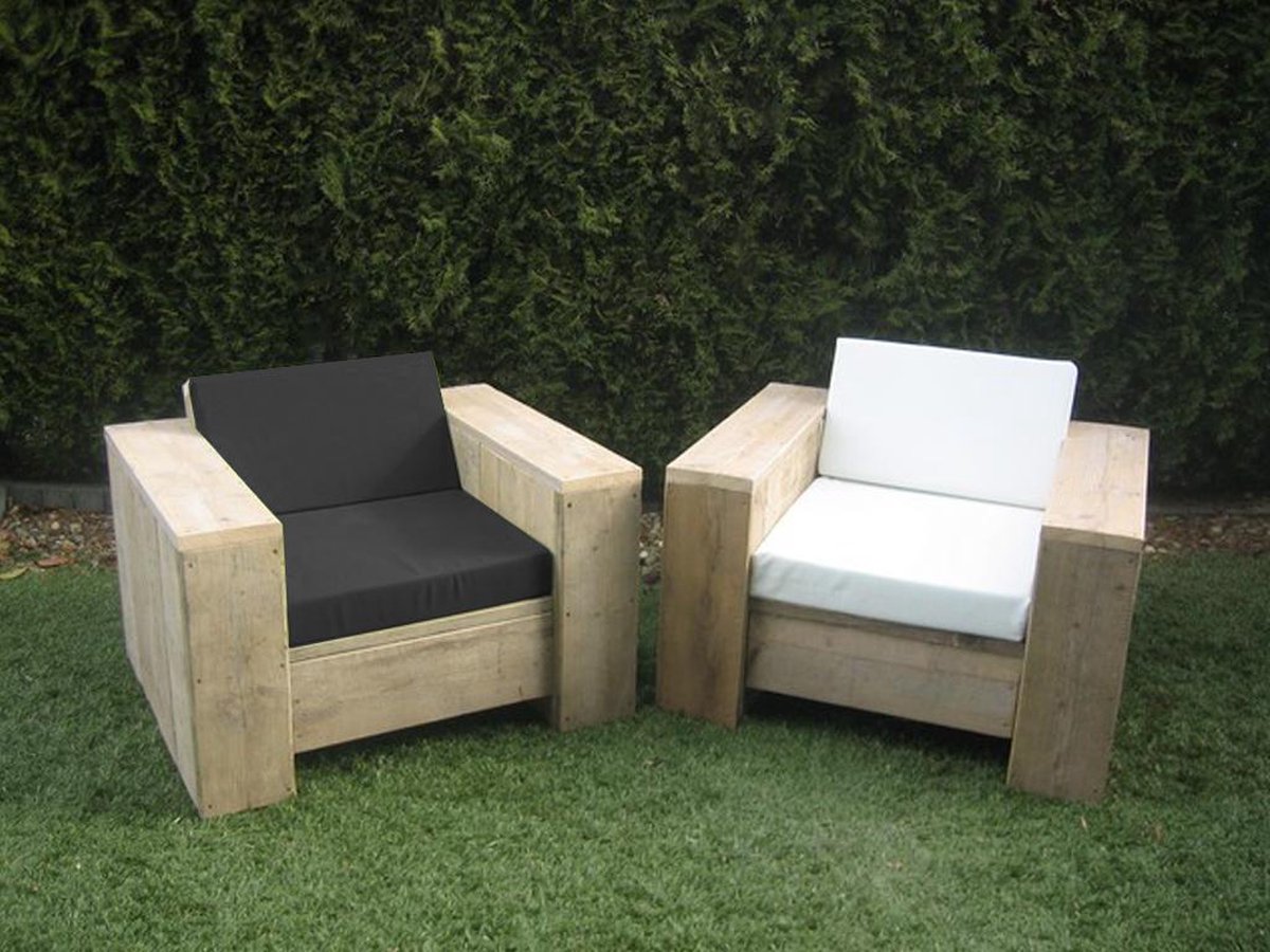 Steigerhout tuinset Block - 60x60 hocker - 2 loungestoelen - oud steigerhout - Merkloos