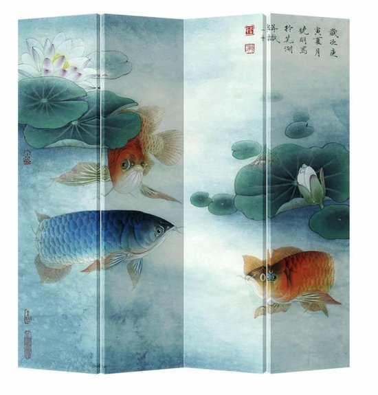 Fine Asianliving Chinees Kamerscherm Oosters Scheidingswand B160xH180cm 4 Panelen Koi in Lotuspond
