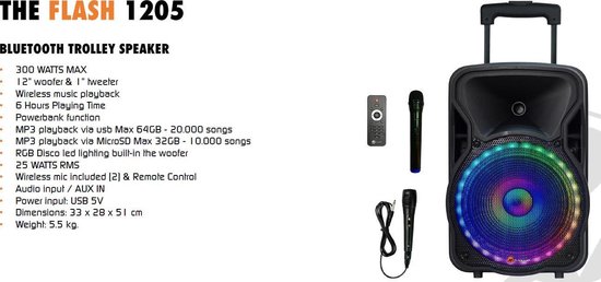 N-GEAR The Flash 1205 - Draadloze Bluetooth Party Speaker - Karaoke Set - 2 Microfoons - Discoverlichting - N-GEAR