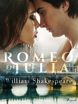 Jonge vrouw en man met gezichten dichtbij elkaar, met de tekst 'ROMEO EN JULIA William Shakespeare' en een brug over een rivier.