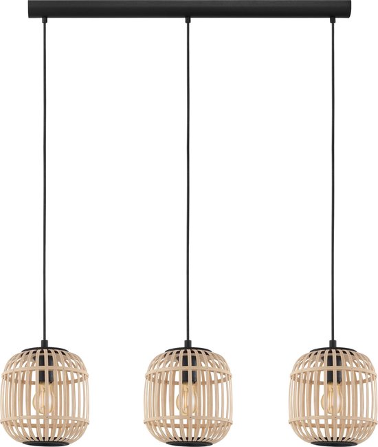 EGLO Bordesley Lampe à suspension - 3 lumières - 91 cm. - E27 - Zwart/ rotin