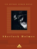 Boekcover met titel 'Sherlock Holmes' van Sir Arthur Conan Doyle. Afbeelding van Sherlock Holmes en Dr. Watson in een donkere kamer.