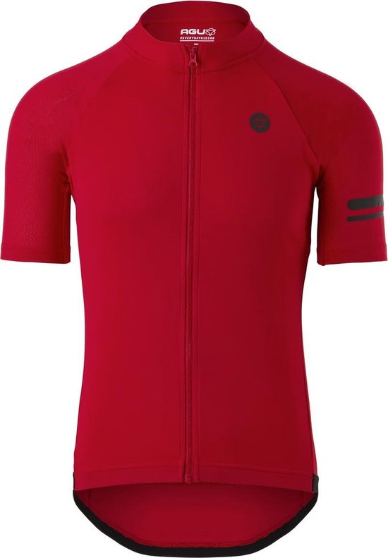 Rood fietsshirt met AGU logo op borst en zwarte strepen op mouw.