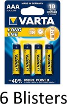24 Stuks (6 Blisters a 4 st) Varta Longlife AAA Alkaline Batterij