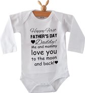 Baby Rompertje tekst papa eerste Vaderdag cadeau van mama | Happy first father’s Day daddy me and mommy love you to the moon and back | lange mouwen | wit zwart | maat 86-92 | mooi