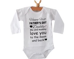 Baby Rompertje tekst papa eerste Vaderdag cadeau van mama | Happy first father’s Day daddy me and mommy love you to the moon and back | lange mouwen | wit zwart | maat 86-92 | mooiste cadeautje kind cadeautje liefste lief leukste mijn is de allerbest