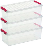 3x Sunware Q-Line opberg boxen/opbergdozen 9,5 liter  48,5 x 19 x 14,7 cm kunststof - Langwerpige/smalle opslagbox - Opbergbak kunststof transparant/rood