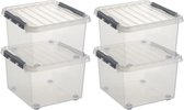 4x Sunware Q-Line opberg boxen/opbergdozen met wieltjes 26 liter  40 x 40 x 28 cm kunststof - Vierkante opslagbox - Opbergbak kunststof transparant/zilver
