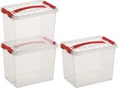3x Sunware Q-Line opberg boxen/opbergdozen 9 liter 30 x 20 x 22 cm kunststof - Opslagbox - Opbergbak kunststof transparant/rood