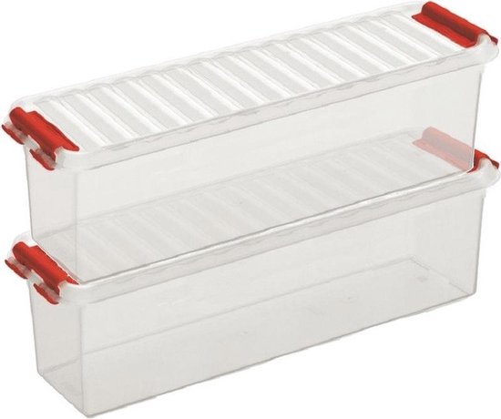 2x Boîtes de rangement / boîtes de rangement Sunware Q-Line 1,3 litre 27 x 8,4 x 9 cm plastique - Boîte de rangement oblongue / étroite - Boîte de rangement plastique transparent / rouge