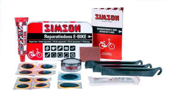 Simson reparatiedoos E-Bike compleet met tube lijm, pleisters, velglint, bandenlichters, schuurpapier en handleiding.