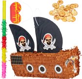 Relaxdays 291-delige pinata set - piratenschip pinata . 288 gouden munten - stok blinddoek