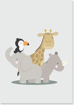 Poster grijs met leuke jungle dieren - olifant giraf - Poster babykamer of kinderkamer