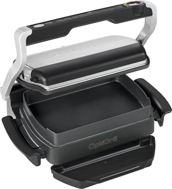 Open Tefal OptiGrill met ingezette bakplaat.