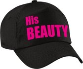 His Beauty pet / cap zwart met roze letters voor dames - verkleedpet / feestpet