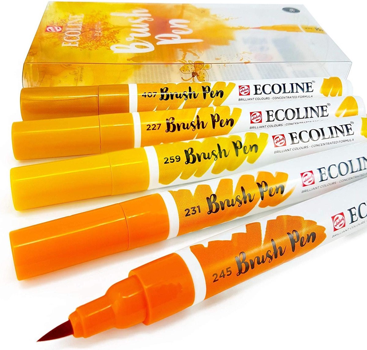 Talens Ecoline Brushpen Set met 5 Pennen (Aarde) + 1 Brush Pen Blender verpakt in een handige Zipperbag + 1 x A4 Ecoline/aquarelblok + Basis Boekje Brush/Handlettering