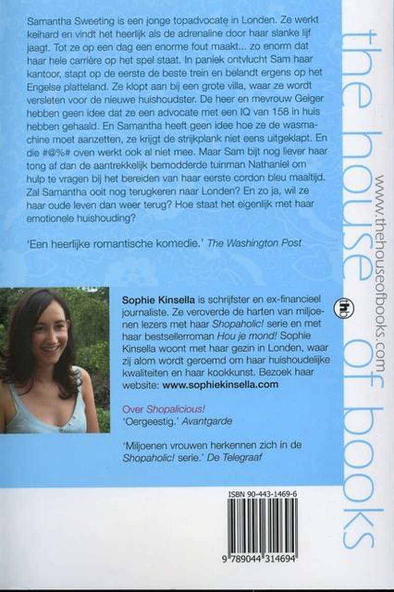 Achterkant boek 'Aanpakken!' van Sophie Kinsella. Met foto van schrijfster.
