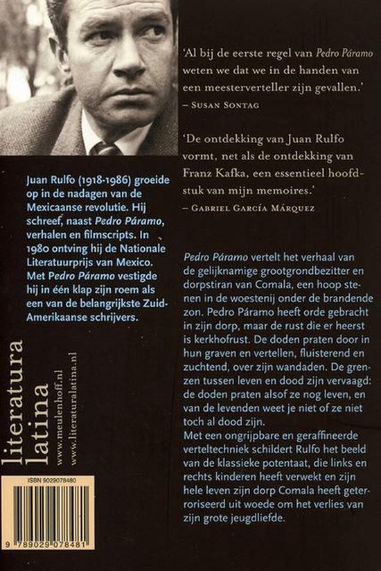 Dos du livre Pedro Páramo avec une photo de Juan Rulfo et du texte sur le livre et l'auteur.