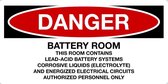 Sticker 'Danger: Battery room, this room contains', alleen tekst, 150 x 75 mm