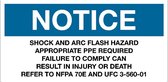 Sticker 'Notice: Arc flash and shock hazard appropriate PPE required', 200 x 100 mm