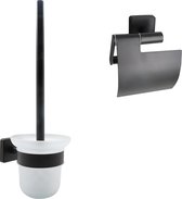 Vips Toilet Accessoires Set - Mat Zwart - Toiletborstel met Houder - Toiletrolhouder met klep
