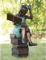 Tuinbeeld - bronzen beeld - Lezend meisje met bril - 94 cm hoog