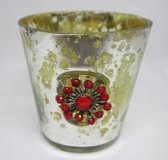 waxinelichtjeshouder, vintage glas, kerst lichtgoud / roodmulti 7,5 x 6,5 cm Ø set van 3 stuks