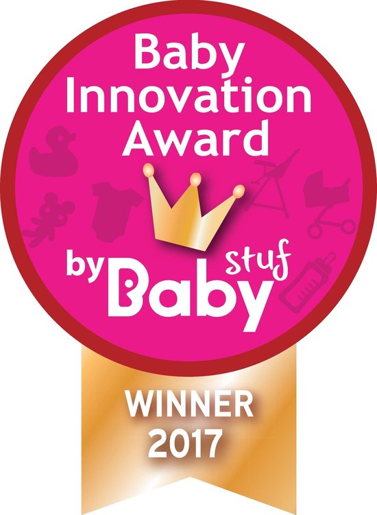 Logo 'Baby Innovation Award Winner 2017' met kroon en babyartikelen.