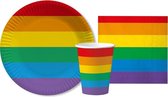 Regenboog thema servies pakket 10 borden/10 bekers/20 servetten - Papieren wegwerp servies - Regenbogen thema tafeldecoratie pakket