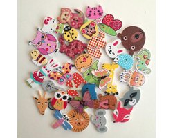 Houten Knopen voor Naaien - Baby Kinderkleding - Knoopjes 2 Gaten - 50 Stuks Verschillende Dierfiguren - Meerdere Maten