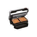 Zwarte Tefal OptiGrill contactgrill, open met twee wafelplaten met wafels.