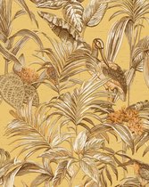 Vogels behang Profhome DE120018-DI vliesbehang hardvinyl warmdruk in reliëf gestempeld met exotisch patroon glanzend beige zandgeel okergeel koper 5,33 m2