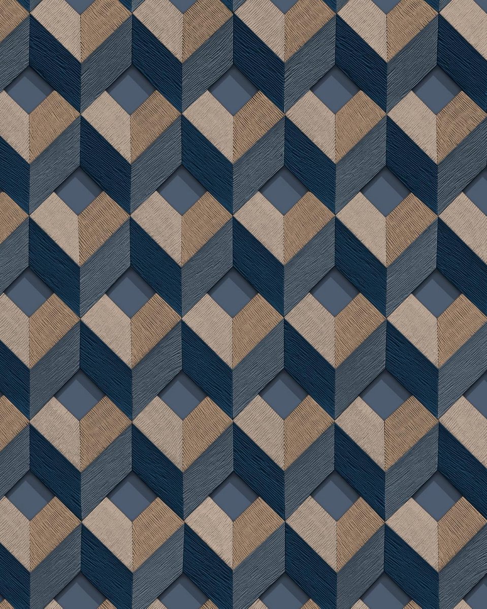 3D behang Profhome DE120134-DI vliesbehang hardvinyl warmdruk in reliëf gestempeld met ruitvormig patroon glanzend blauw crèmewit bronzen 5,33 m2