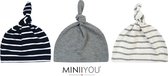 MINIIYOU® 3 pack - Newborn Babymutsjes met Knoop - Grijs Strepen Effen