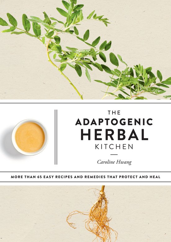 Boekomslag met de titel 'The Adaptogenic Herbal Kitchen' en afbeeldingen van groene takjes en wortels.