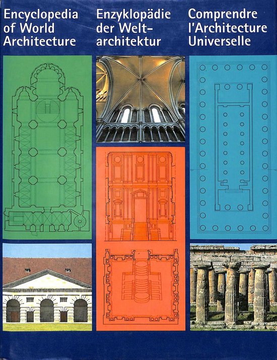 Voorpagina van een boek over architectuur met plattegronden en foto's van gebouwen.