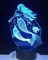 Nachtlampje Zeemeermin. Zeemeermin met dolfijn en visje lamp. Zeemeermin  lampje/nachtlampje. 3D illusie Nachtlamp 7-Kleurig.