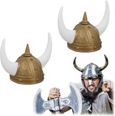 Relaxdays 2x viking helm - gallier helm - met horens - hoofddeksel carnaval - goudkleurig