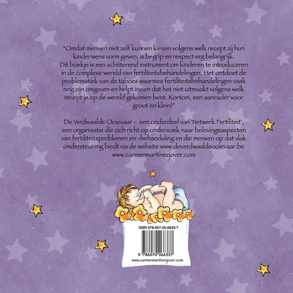 Illustratie van een baby in een wieg met sterren en tekst over vruchtbaarheid.